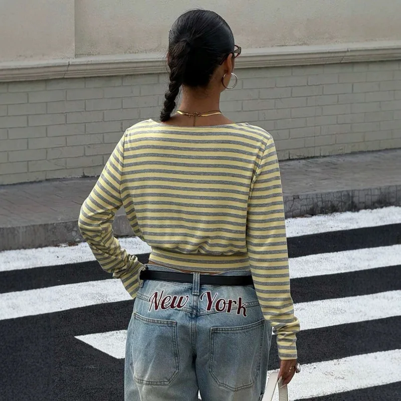 Women'S Striped Long Sleeve Tops Crew Neck Slim Fit Casual Daily Wear Fashion Basic Tee Shirts For Spring Fall view 3