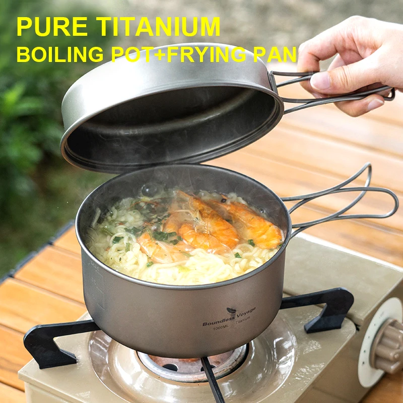 Pure Titanium Boiling Pot+Frying Pan Suit,Ultra Lightweight Folding,Healthy Portable,Outdoor Camping,Cooking Utensils, Tableware