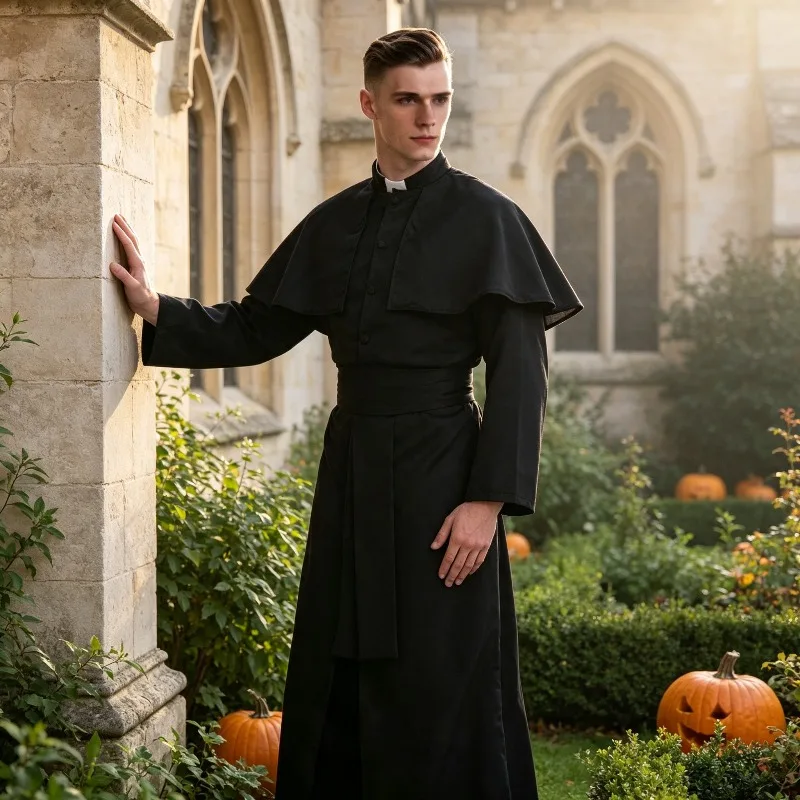 Robe de prêtre missionnaire élégante pour homme, costume de fête à thème Halloween, costume de performance LARP, costume de jeu de rôle