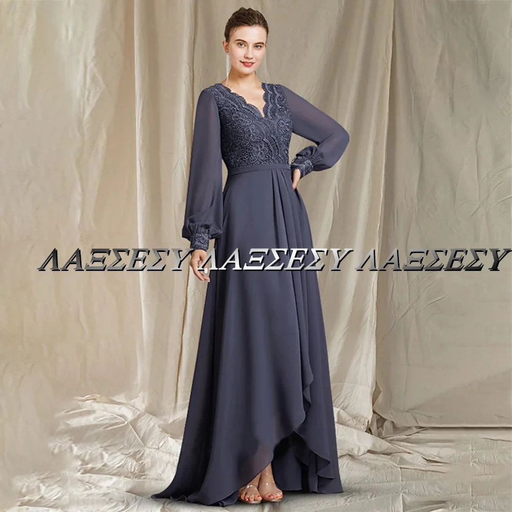 Laxsesu A-Line Wedding Guest Dress V Neck Zipper Back Sweep Train 2022 Elegant Long Sleeves Mother Of The Bride Dresses