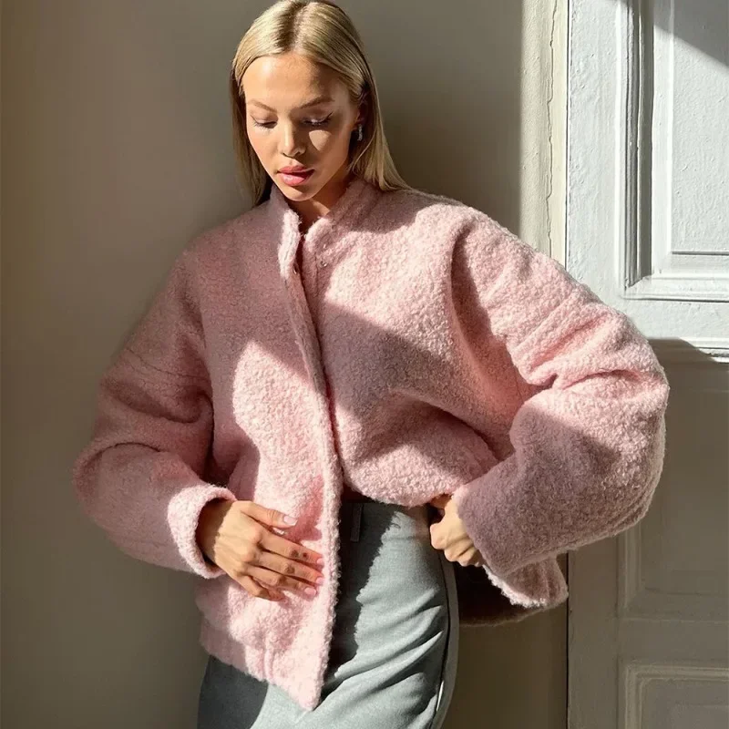 2026 Autumn Fur Jacket Women's Pink Loose Fashion Long Sleeve Thickened Coat Casual Stand Collar Button Warm Jacket Lady