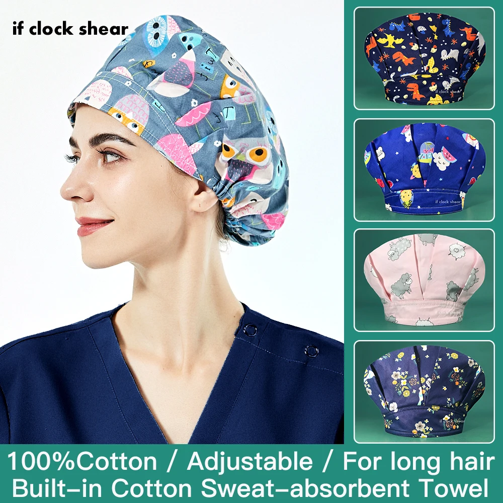 

Scrub Caps for Women Hair Cover Animal Printed Bouffant Hats Adjustable Cotton Hats with Sweatband Reuseable Work Wear Head Caps