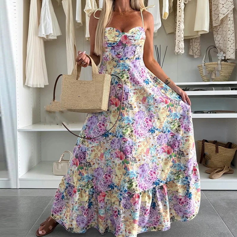 보헤미안 휴가 여름 드레스 스윗 솔리드 컬러 보우 서스펜더 파티 드레스 섹시 여성 오프숄더 하이웨이스트 스윙 롱 드레스