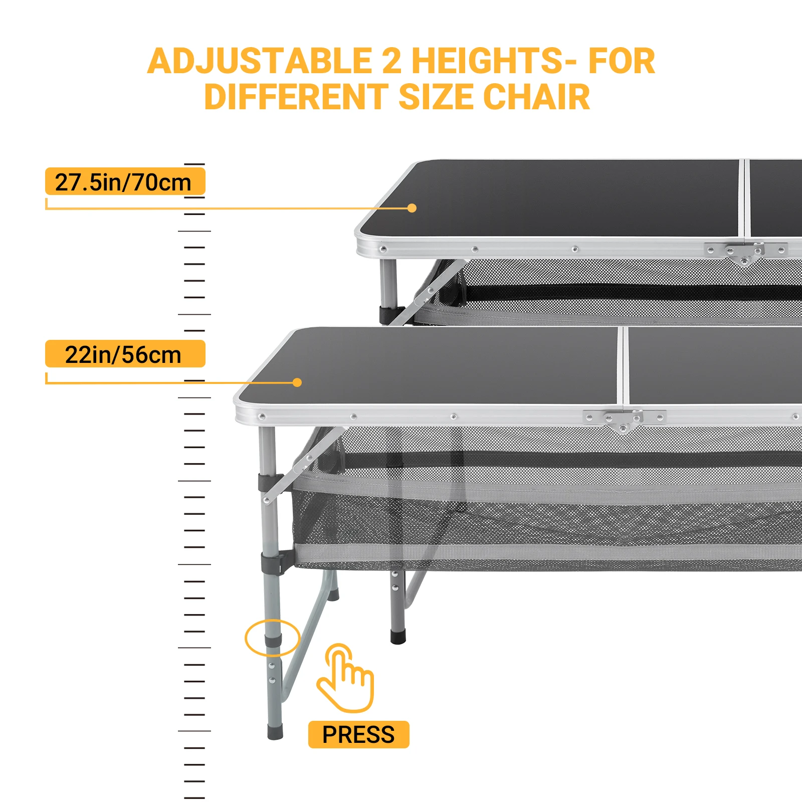 FUNDANGO Camping table, outdoor indoor beach barbecue, picnic, travel, height adjustable, with layered mesh storage