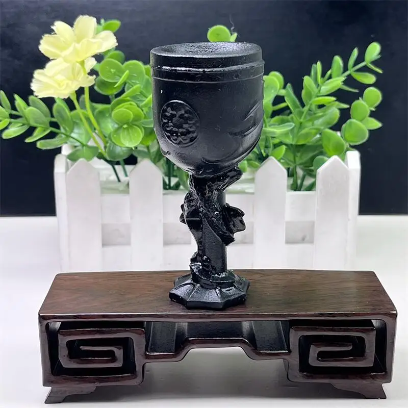 Natural Black Obsidian Dragon And Holy Grail Carving Healing Fengshui Gemstones Home Decoration Holiday Gift 1PCS