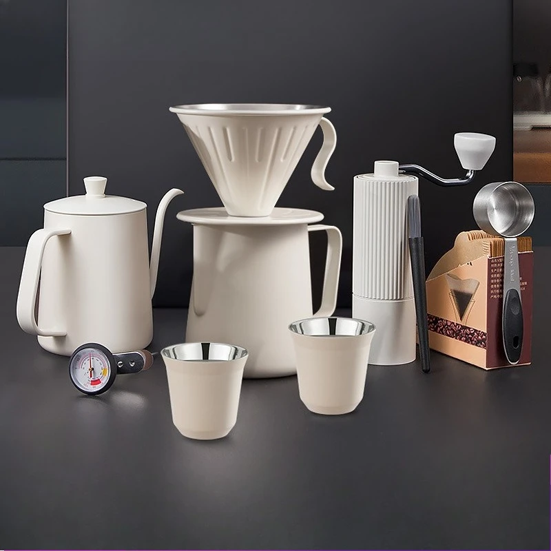 Portable Outdoor Coffee Brewing Set 304 Stainless Drip Pot Off White Black Cone Filter Funnel Full Parts Kit