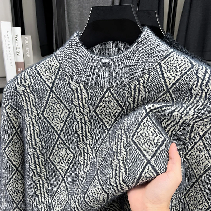 الرجال الصوف مبطن سميكة متماسكة سترة وهمية الرقبة طويلة الأكمام الدافئة لينة بلوفر شتوي محكم الجاكار ملابس عمل غير رسمية #1