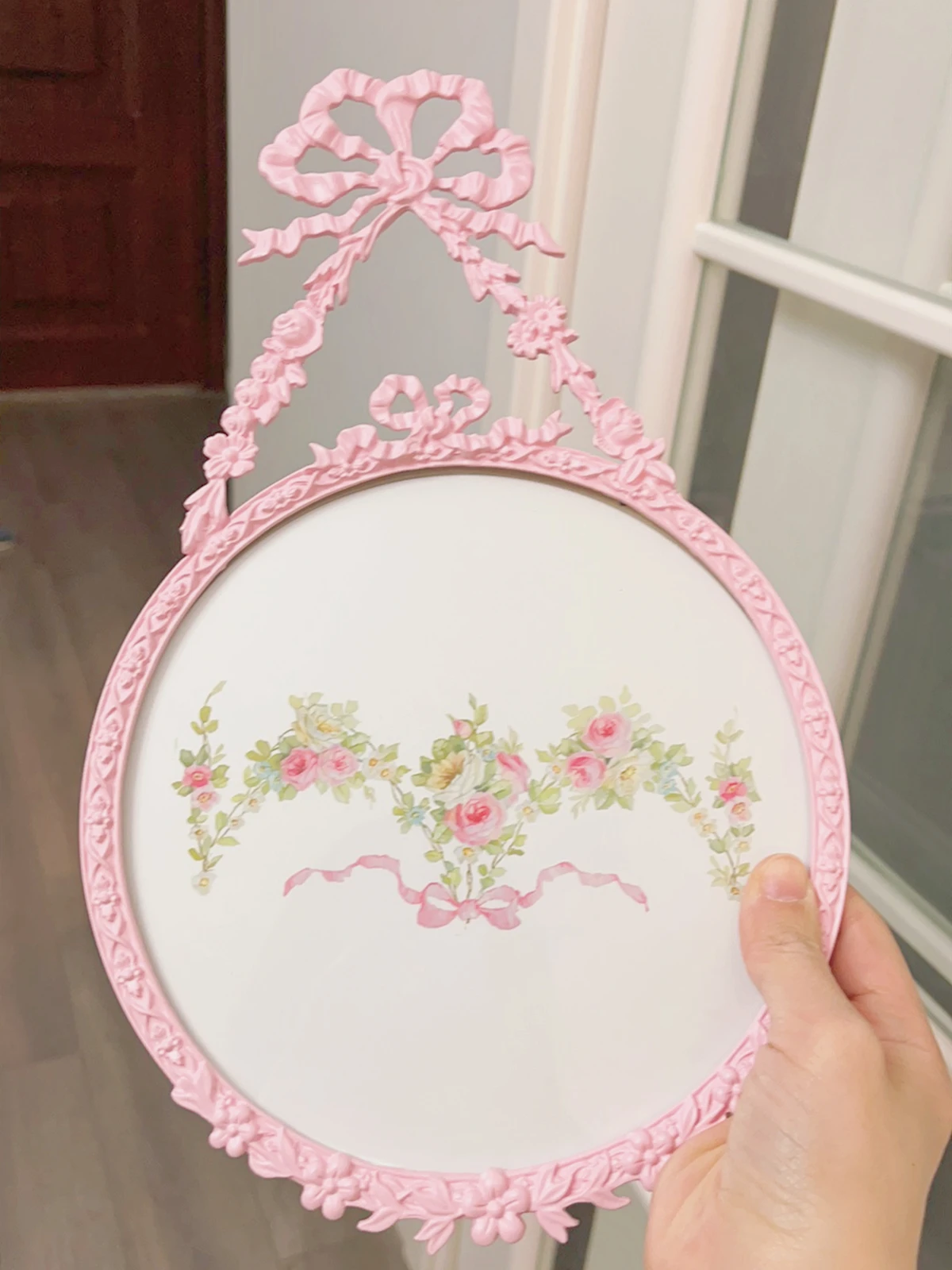 Pink wall mounted decorative mirror, vintage carved makeup mirror