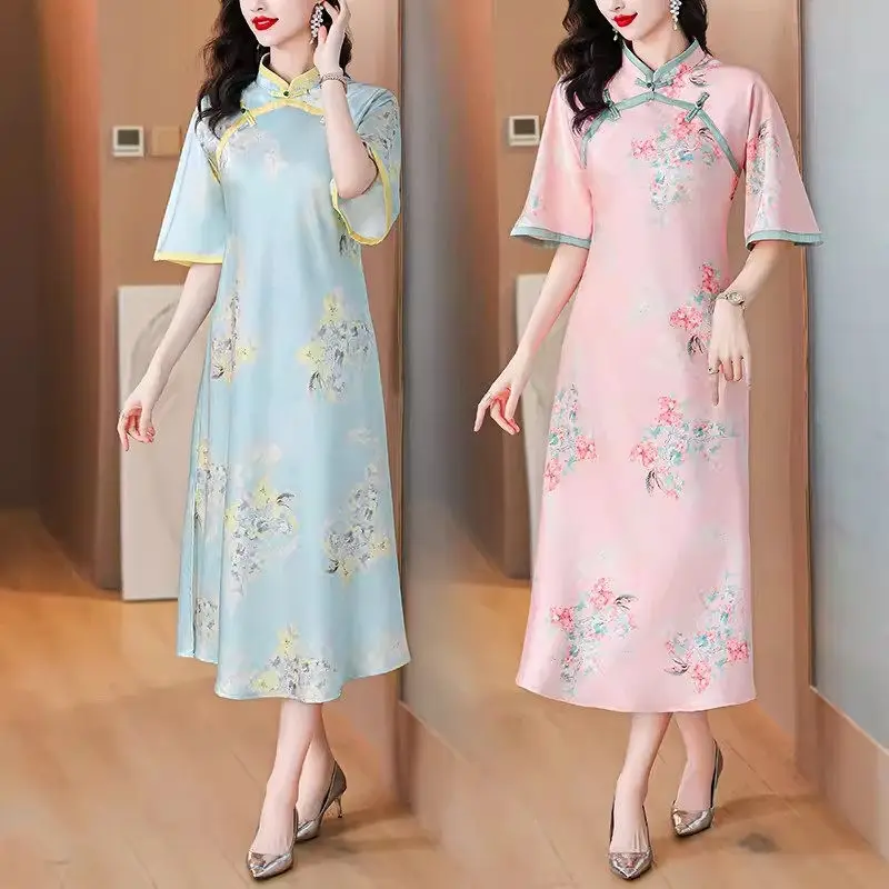 Summer Dress Retro Women 2024 Fashion Short Sleeve Oversized Loose Chinese Style Improved Cheongsam Dresses Elegant Qipao K1008