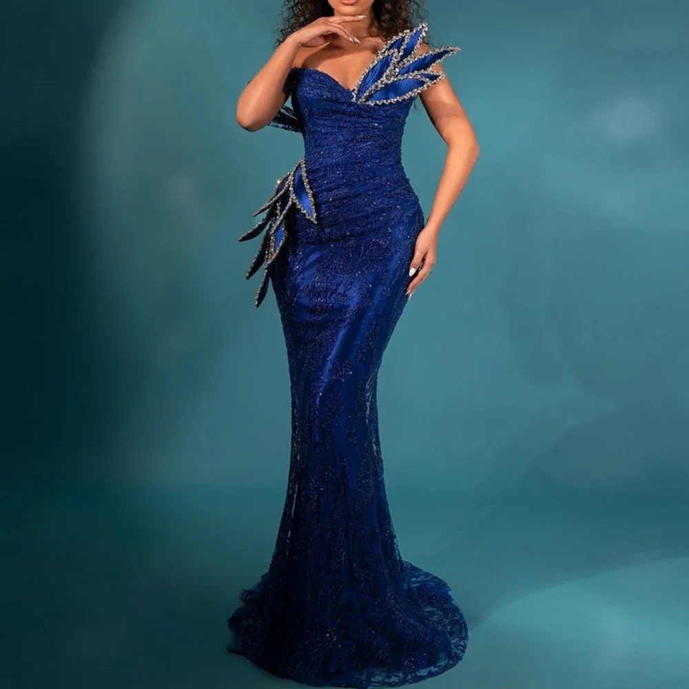 Flechazo Lace Mermaid Evening Dress Sweetheart One Shoulder Short Sleeve with Pleat Floor Length Women Beading Custom Party Gown