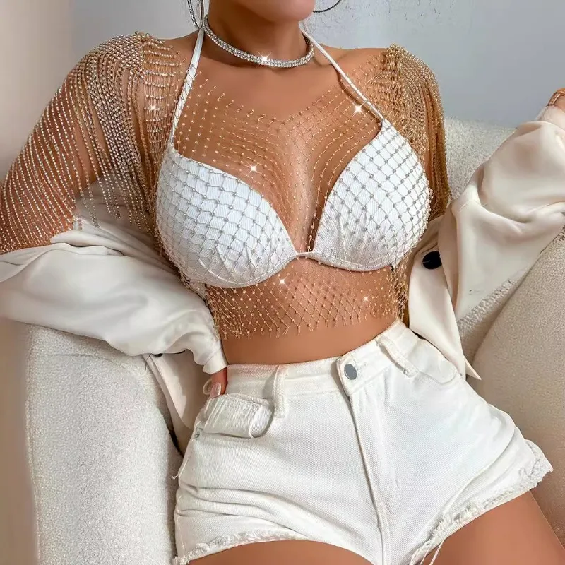Women's Summer Top Camisole Diamond Sexy Fishnet Sexy Short-sleeved New Casual Minimalist Niche Versatile Fashionable Suitable
