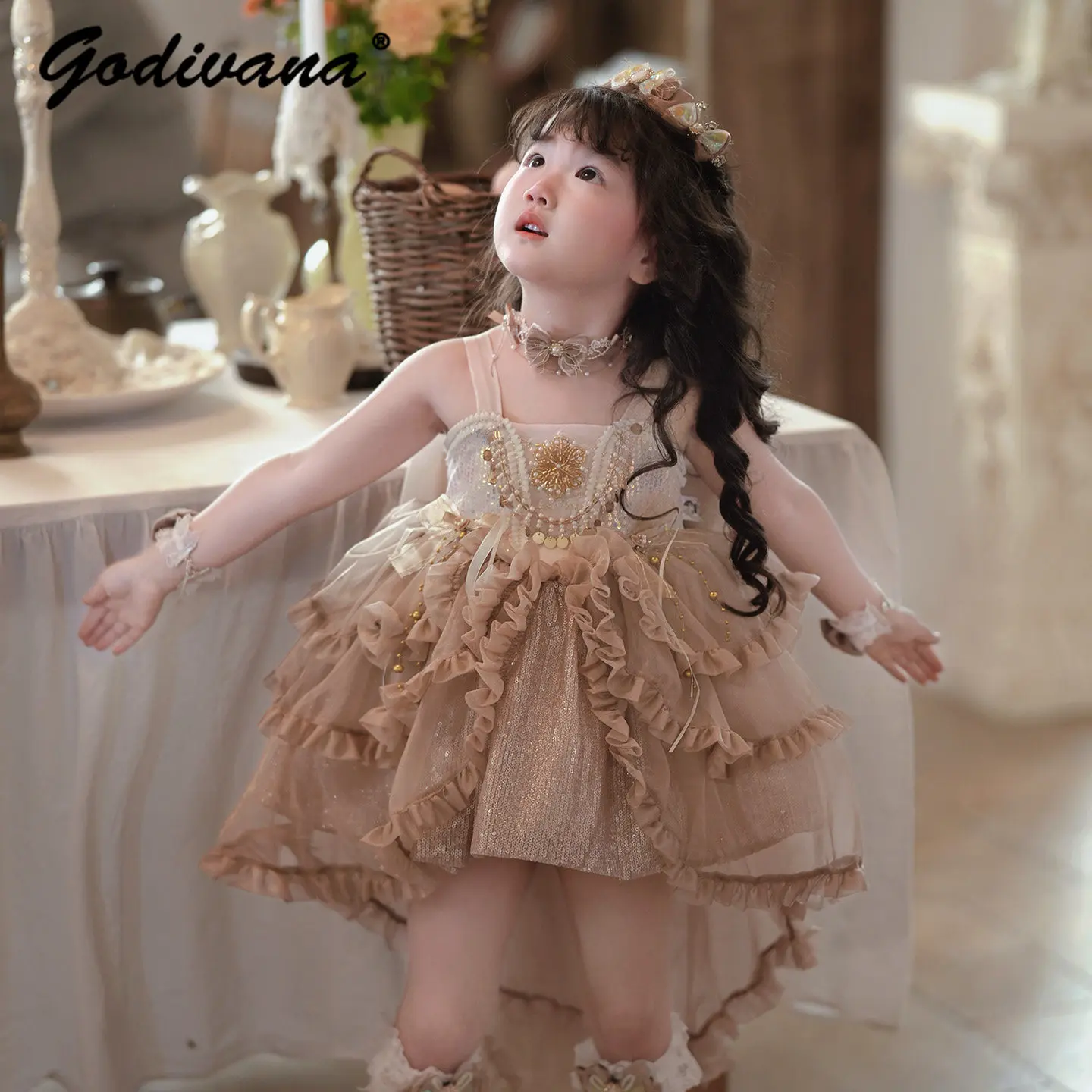 Original Sweet Baby Girls High End Heavy French Princess Lolita Sundress New Summer Girl Sequin Tulle Bow Train Performance Gown