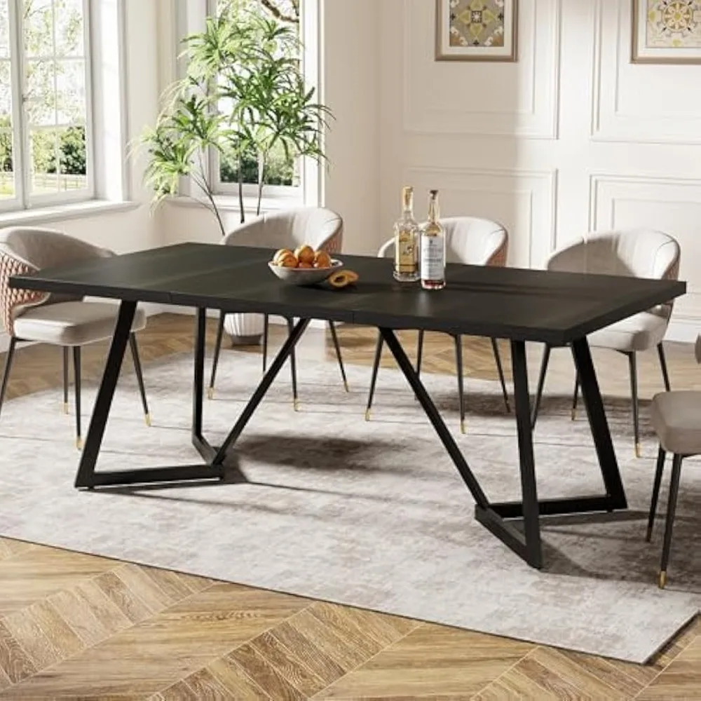 70.87-Inch Large Dining Table for 4-6, Modern Black Dining Room Table with Metal Frame, Rectangular Kitchen Dinner