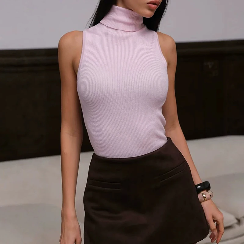 Tornova Turtleneck Kniited Sleeveless Vest for Women Casual Autumn New Rib Knit Top Slim Solid Color Commute Female 2026 Fashion