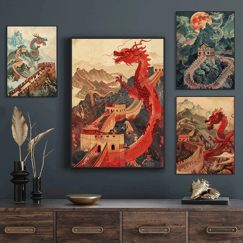 الجدار العظيم الكبير في الصين المشارك التنين بكين يطبع سبعة عجائب العالم حائط لوح رسم صورة غرفة المنزل ديكو