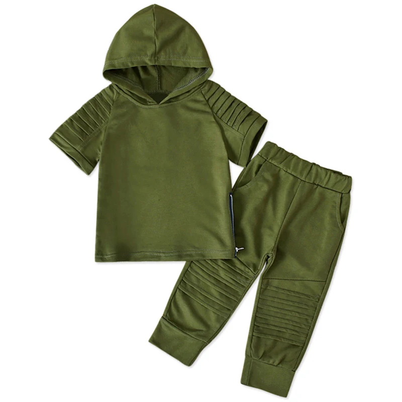 

2Piece Spring Summer Kids Clothes Casual Fashion Cotton Short Sleeve Hooded Baby Tops+Pants Sport Suit Boys Sets Clothing BC078