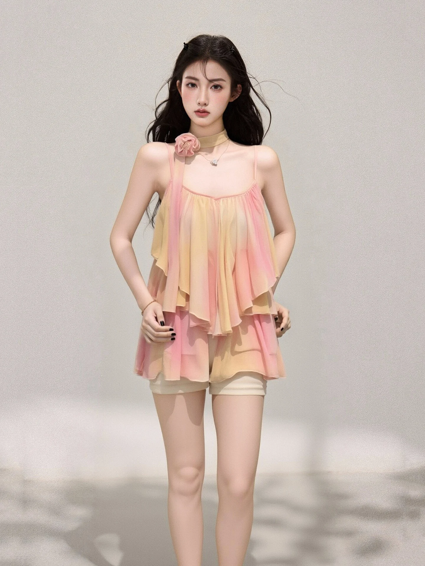 

LIXIAOWAN Шифоновый топ с градиентным цветом и принтом для женщин, элегантный, свободный, стройнящий, красивый топ на бретельках, повседневный стиль, летняя мода