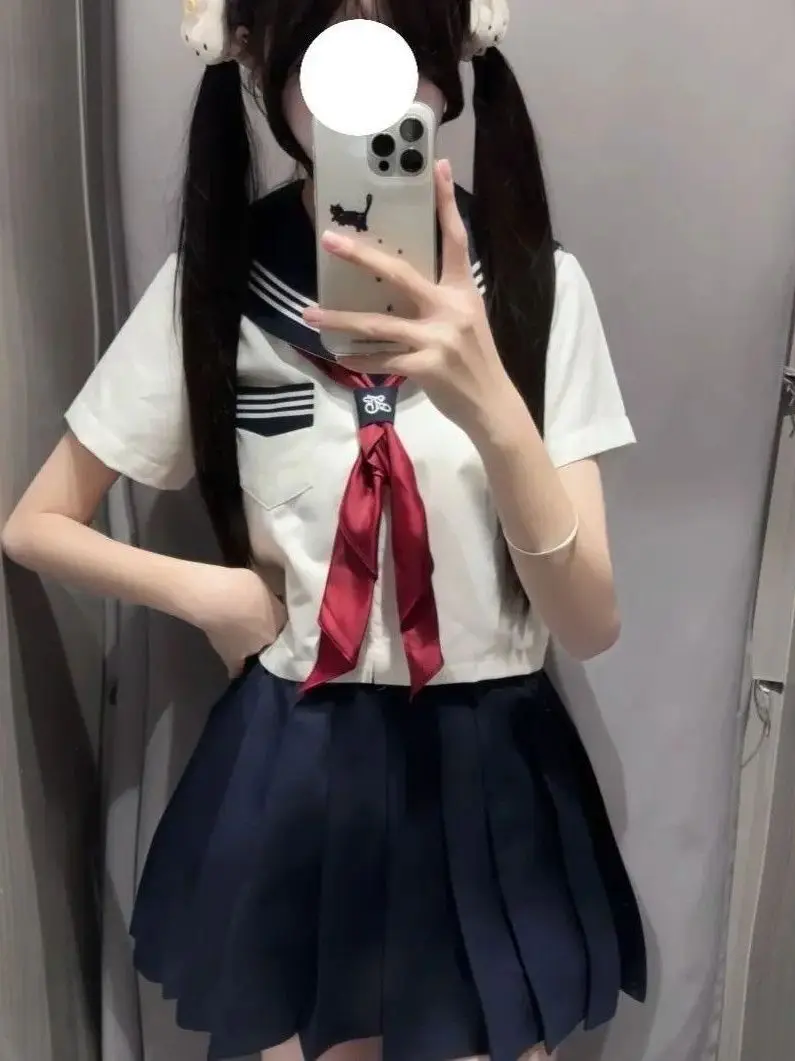 Authentic White Sailor Suit Uniform Skirt Set Short Sleeve Kyoto Collar Japanese Style Breathable Polyester Cotton Blend