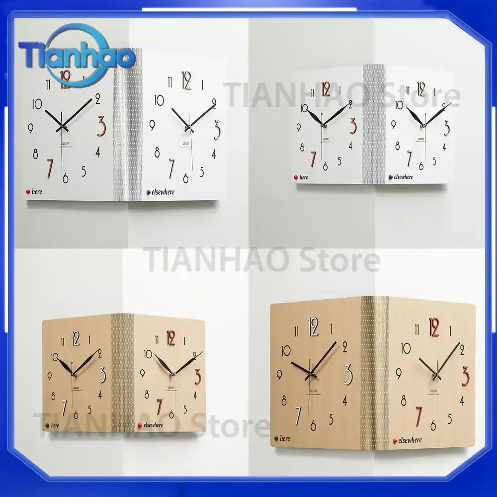 Dual-Sided Wooden Corner Wall Clock for Square Silent Hanging Clock No-Drill Retro Double Time Wall Decor Vintage Wall Art