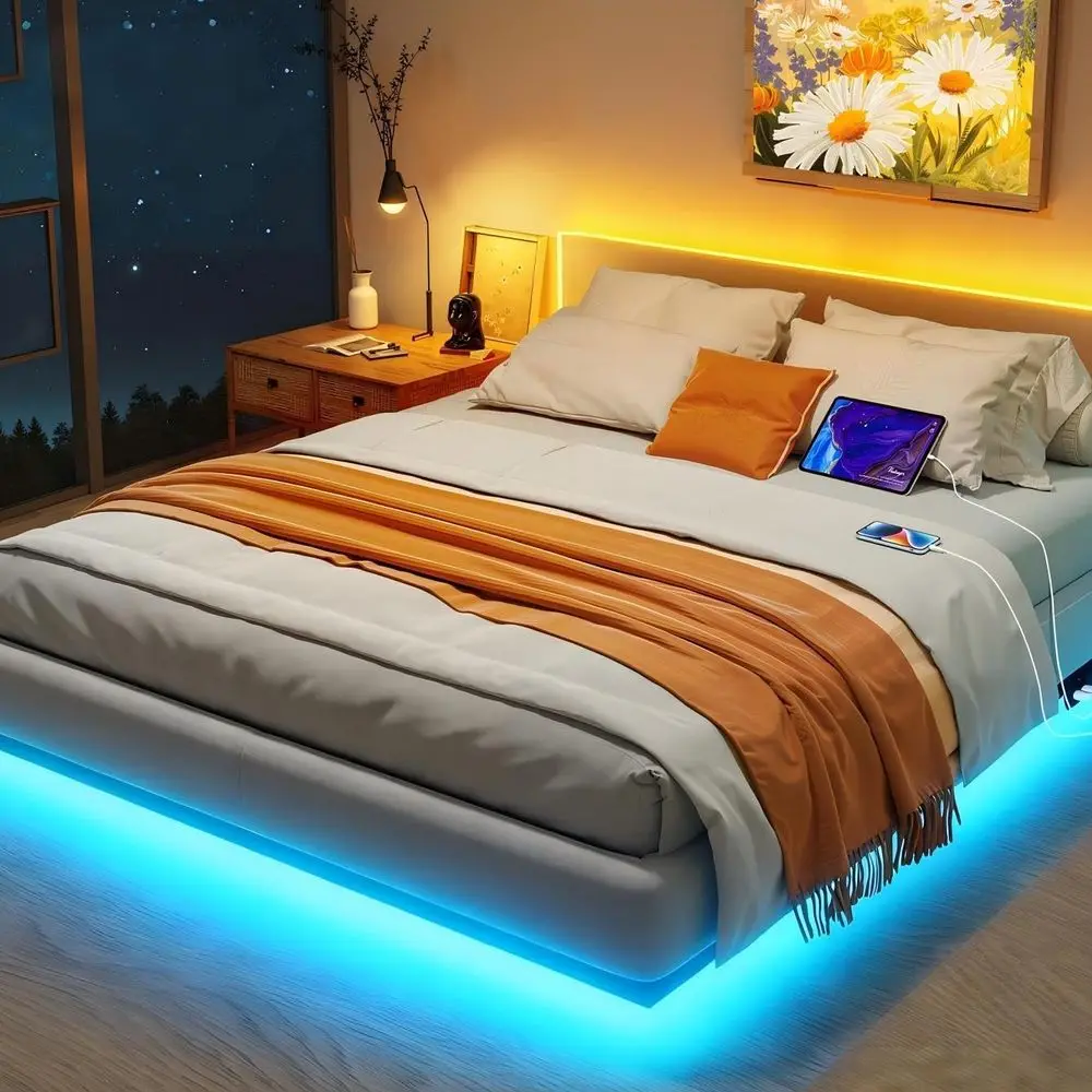 Base de Cama Matrimonial Flotante con Luces LED Ajustables, Regleta de Enchufes con USB, Plataforma de Metal con Listones de Acero
