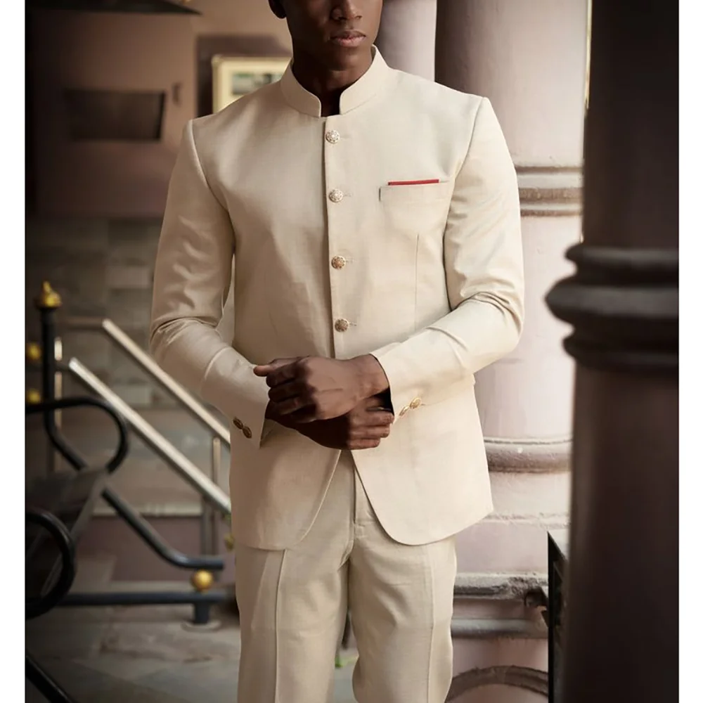 

Gentle Beige Single Breasted Stand Collar Men Slim Suits 2 pieces (Jacket+Pants) Wedding Evening Party Sets Formal Event Suits