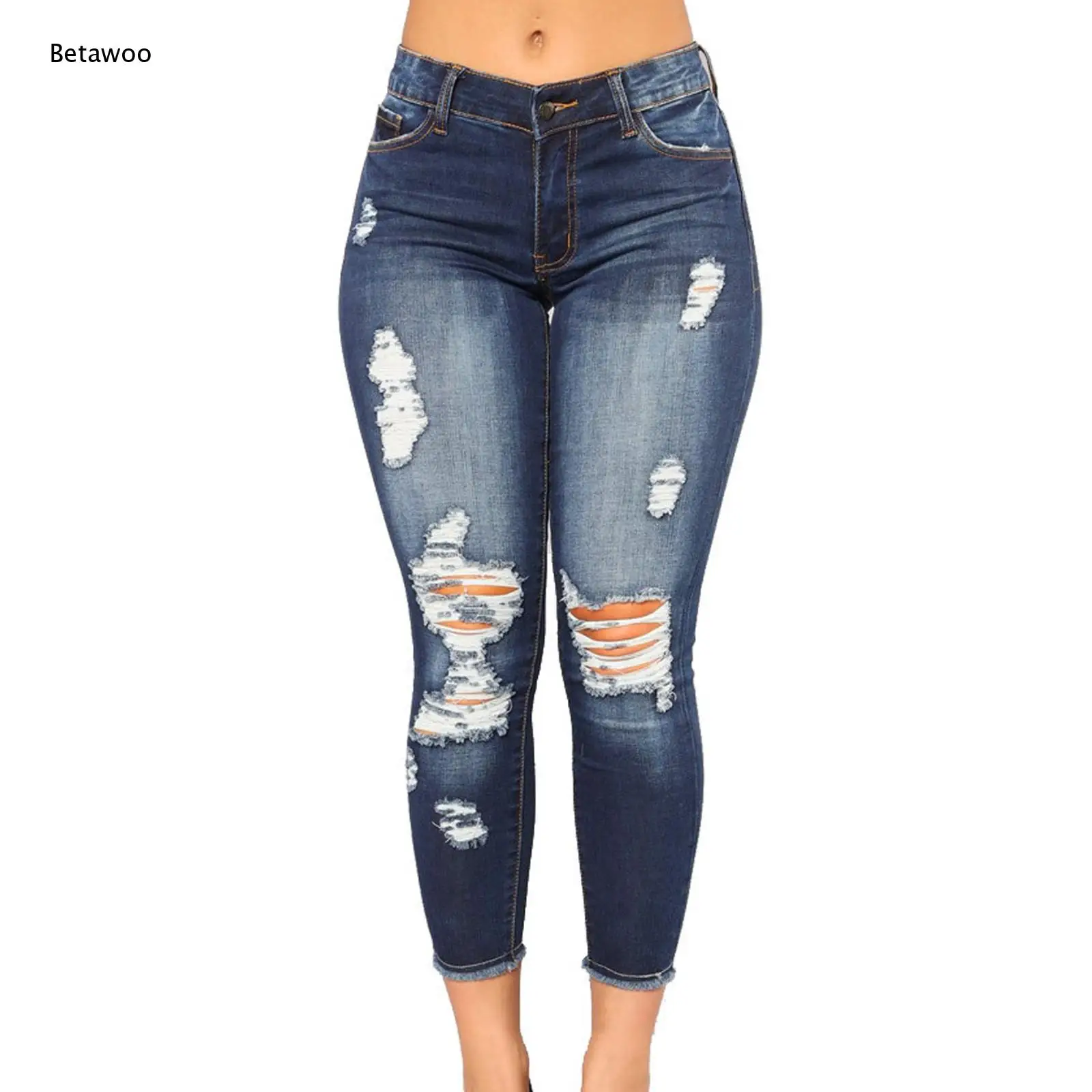 Women Mid Rise Distressed Ripped Skinny Cropped Jeans Frayed Hem Vintage Washed Denim Capri Pants for Casual Daily Street Look