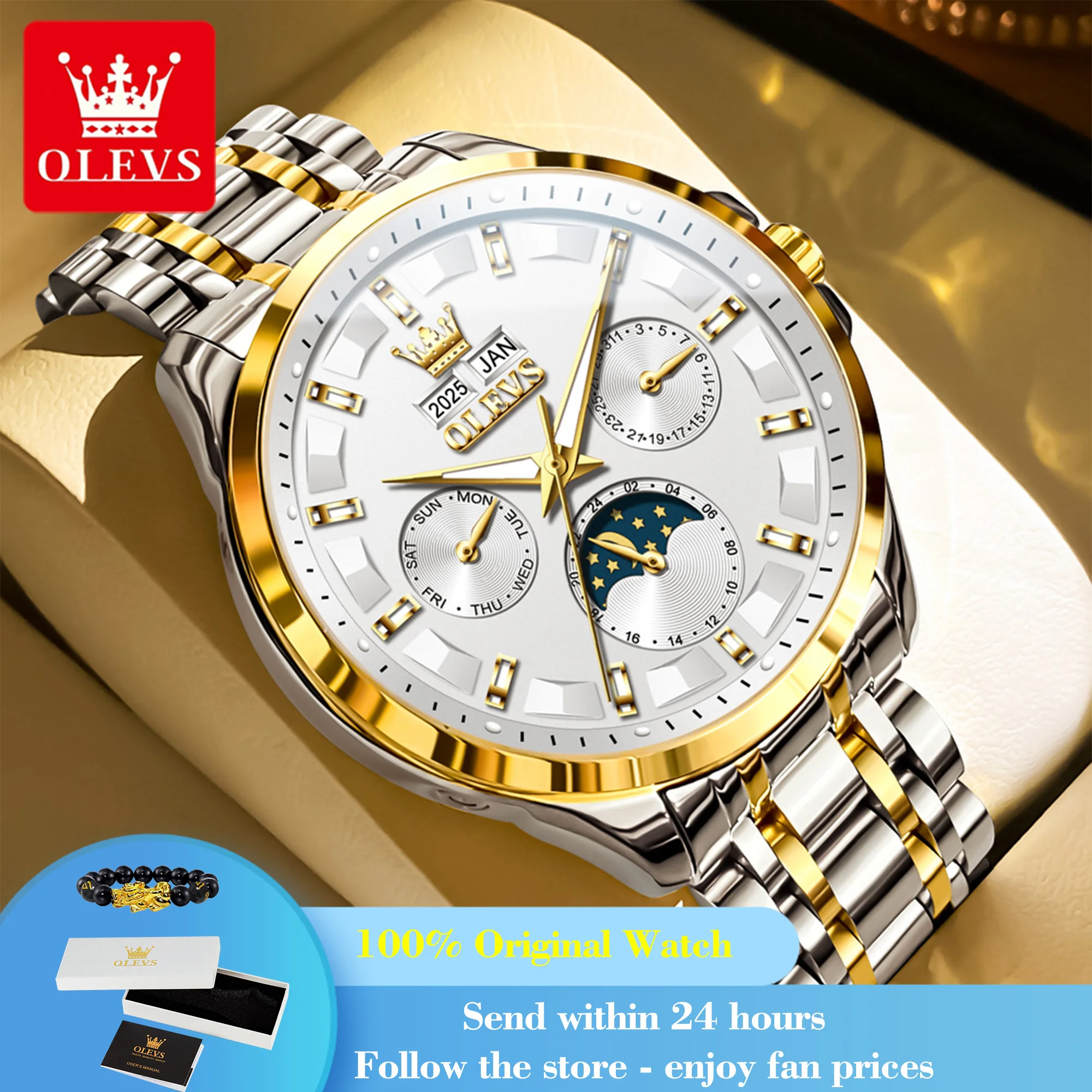 OLEVS 7070 Man Automatic Watch Calendar Mechanical Watch For Men Stainless Steel 30M Waterproof Moon Phase Luxury Wristwatch