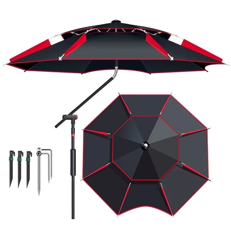 Outdoor Parasol Fishing Umbrella Double Layer Waterproof Beach Umbrella Sun Protection 360 ° Adjustable Camping Parasol 2.0-2.6M