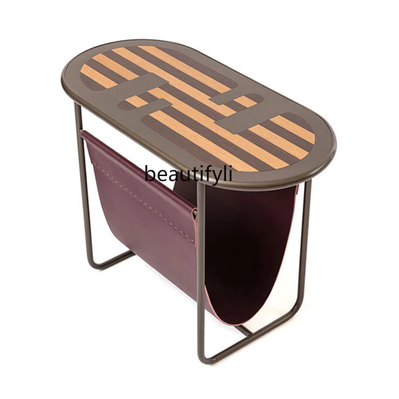 Italian minimalist sofa small edge few stainless steel bookshelf modern household oval household sofa small corner table