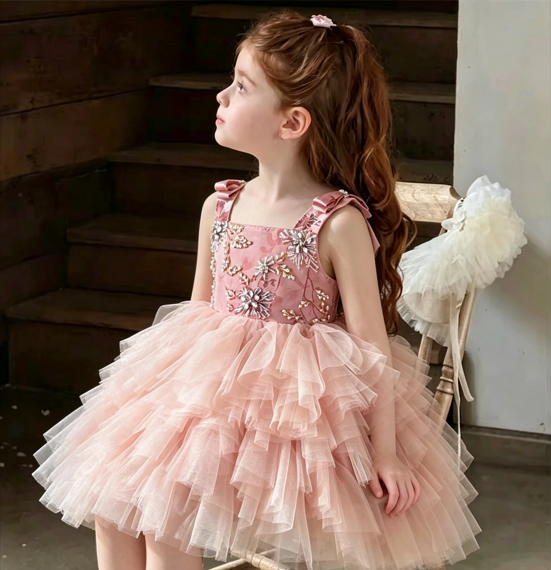 2026 Spring Summer Girls Heavy Duty Hand Sewn Pearl Strap Dress Girls Petal Mesh Puff Princess Dress