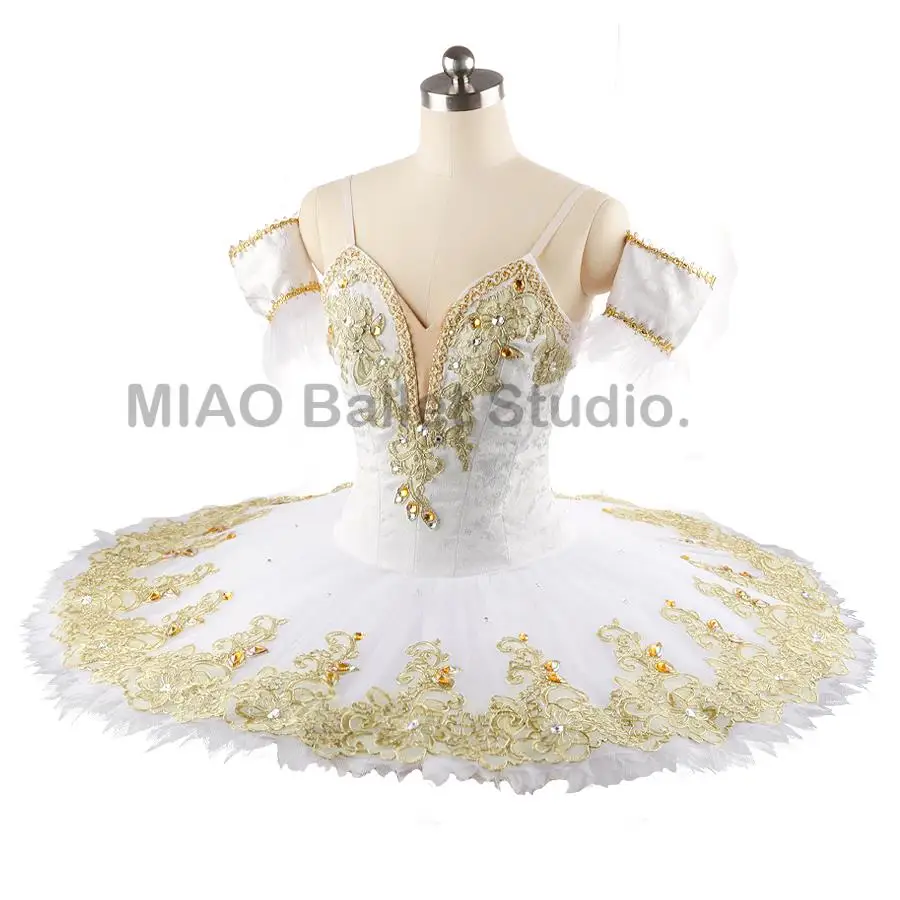 Robe à crêpes, la fée de la tendresse, la belle au bois dormant, Costume Tutu, tissu jacquard, blanc et or, sans élasticité, 0066