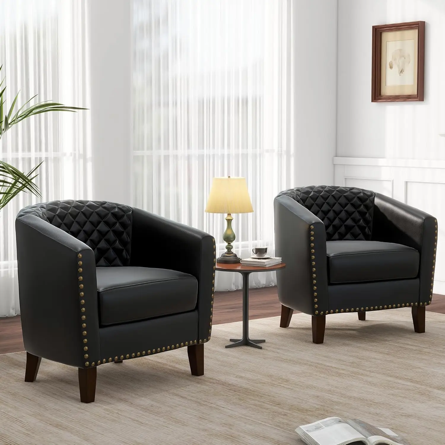 Pia Ricco Faux Leather Barrel Accent Chairs Set Of 4, Modern Club Arm Chair Comfy Upholstered Single Sofa Chair With Solid Wood