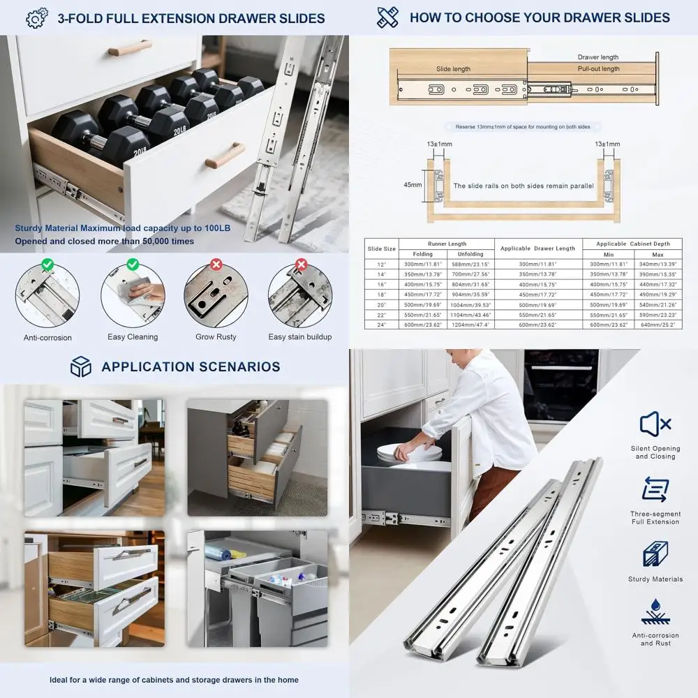 

18-дюймовые направляющие для выдвижных ящиков с плавным закрыванием, полноприводные шариковые направляющие, усиленные боковые направляющие для тяжелых нагрузок