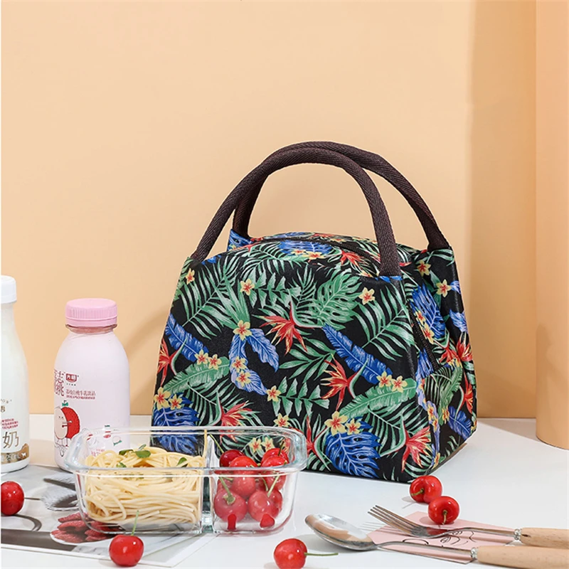 Oxford Cloth Insulated Lunch Bag with Flower Pattern Picnic Travel Breakfast Box Women Convenient Large Capacity Handbag