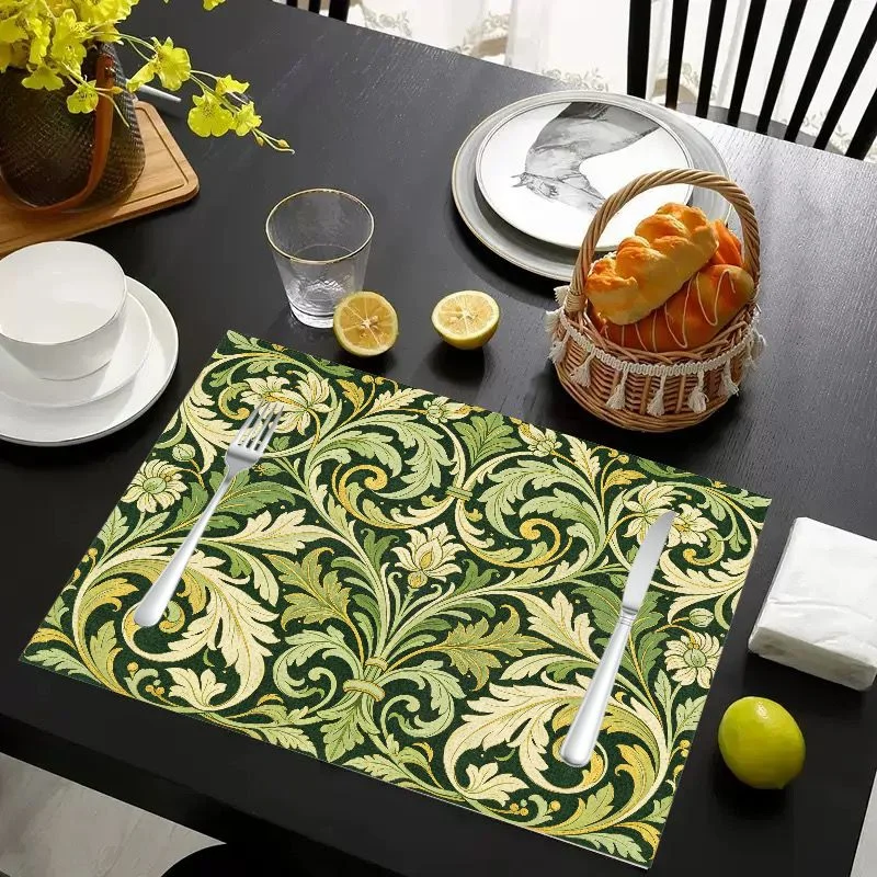 VIKAMA Placemat Vintage Green Scroll Flowers, Waterproof Oil-Proof Heat-Resistant Woven Dining Table Mat for Home
