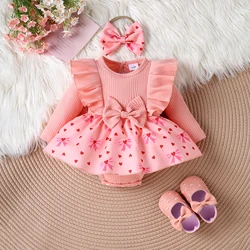 Spring And Autumn New Style Baby Girl, Baby Girl, Sweet And Cute Bow Pattern, Long-Sleeved One-Piece Skirt And Headband