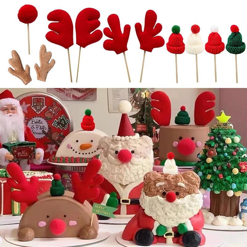 Christmas Cake Topper Decor Flags Lovely Antlers Xmas Hat Shape Cake Dessert Insert Cards New Year Navidad Party Cake Decoration