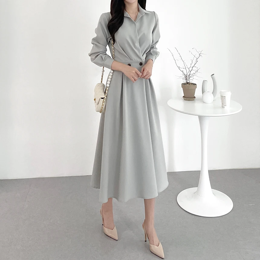 REALEFT Herfst Vintage Bladerdeeg Mouw vrouwen Shirts Jurken 2025 Nieuwe Turn-down Kraag Koreaanse Casual Losse A-lijn Jurk vrouwelijke