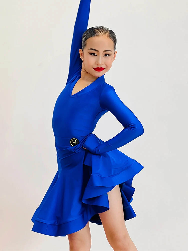 2024 Nieuwe Latin Dance Performance Kostuums Voor Meisjes Kinderen Blauwe Lange Mouwen Rokken Pak Ballroom Latin Dn12288