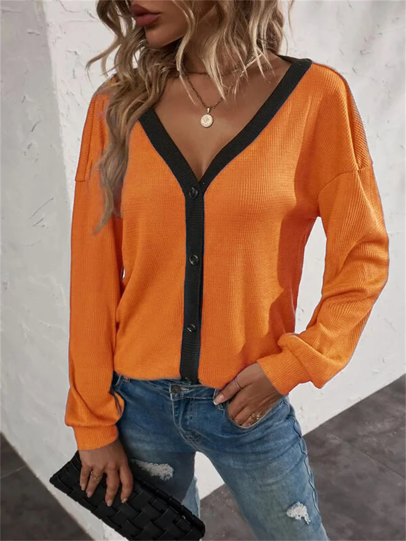 Waffle Button Cardigan Women's T-Shirt 2022 Autumn Fashion Solid Color Knitted Tops Casual Loose Dropped Shoulder Sleeves Clothe