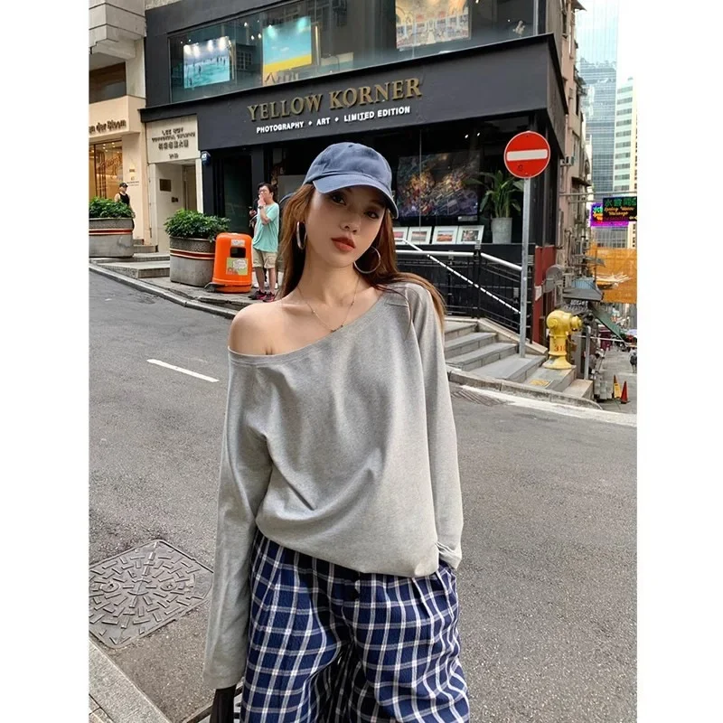 Zhang Hao Yi Celebrity Style Off-The-Shoulder Short Sleeves T-Shirt Women's Pure Desire Spicy Girl Loose Fit Black Top