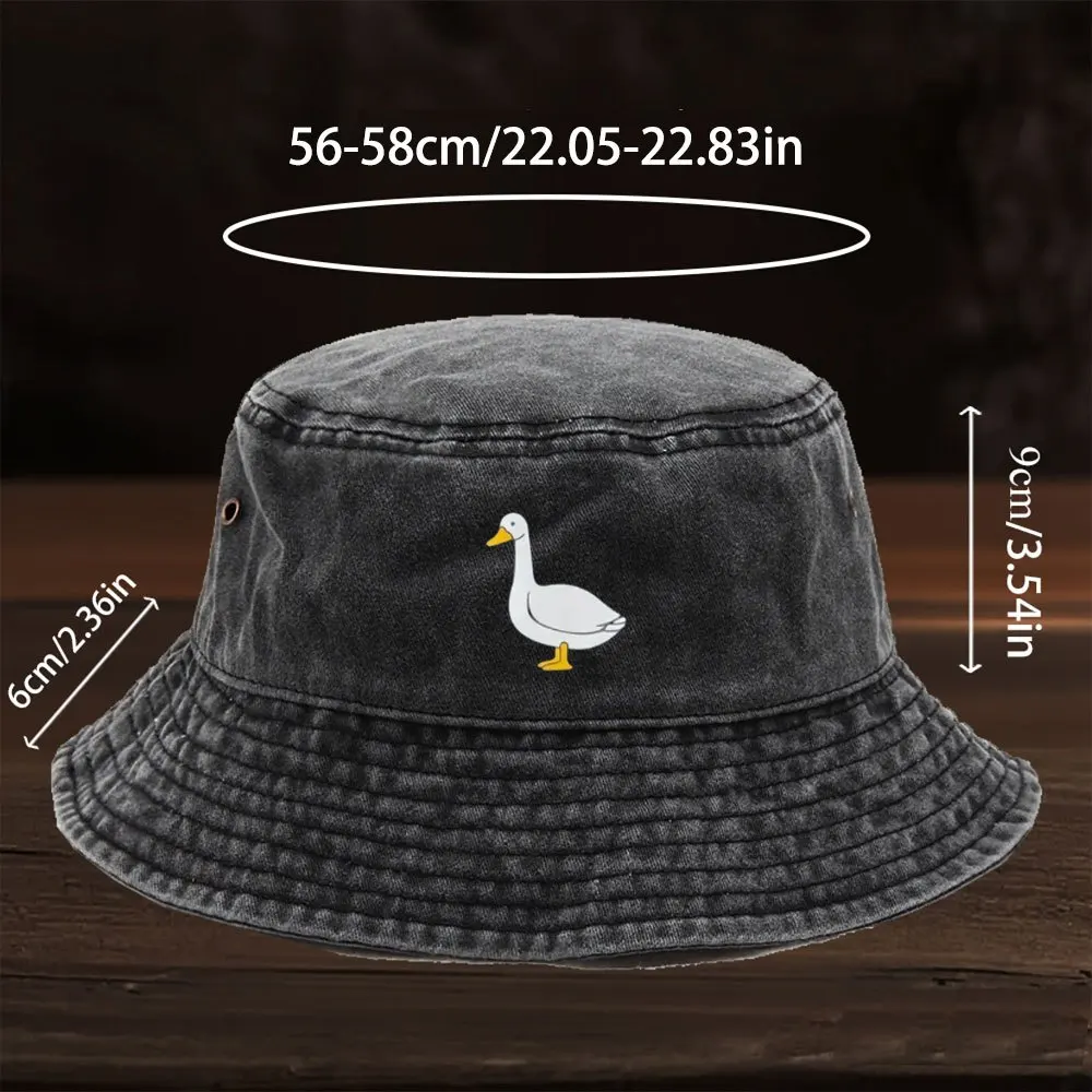 1 Stück Retro-Fischerhut im Used-Look, faltbarer Dad-Hat, leicht und atmungsaktiv, bedruckt mit Cartoon-Motiv einer weißen Gans, Unisex.
