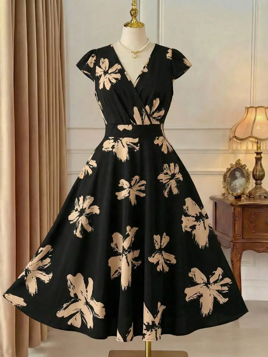 

Womens Floral Print V-Neck Waist Cinched A-Line Dress Black Spring Summer