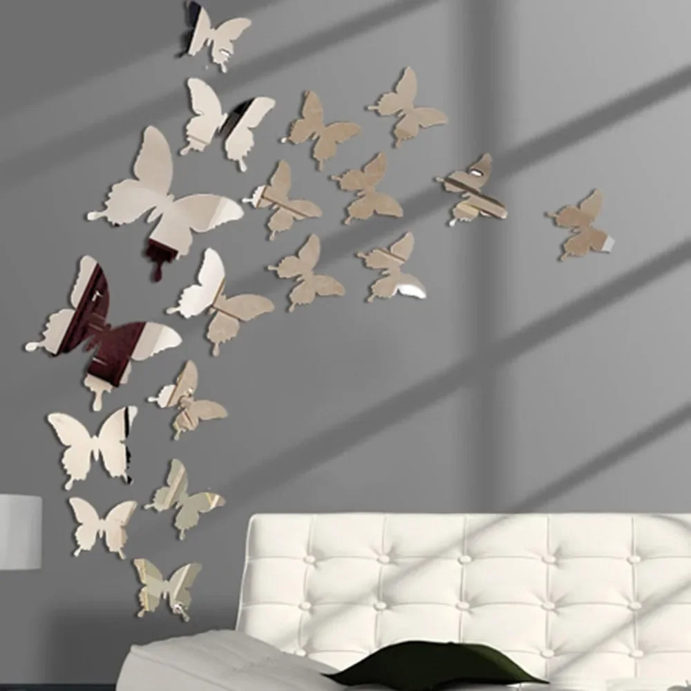 

12pcs 3D Butterfly Mirror Wall Sticker Decal Removable DIY Art Party Wedding Decoration Room Decor Crystal Sticker Space Hogar