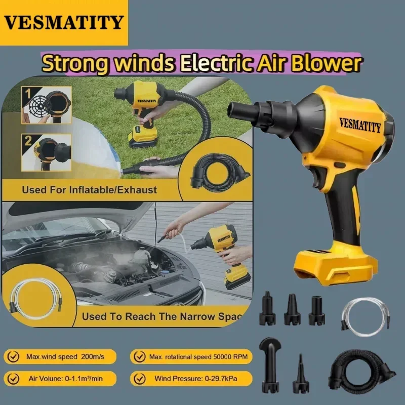 Cordless Air Blower Dust Removal Gun With Nozzle 50000RPM 200m/s Portable Inflator Dust Blowing Electric Tool For DeWALT Battery