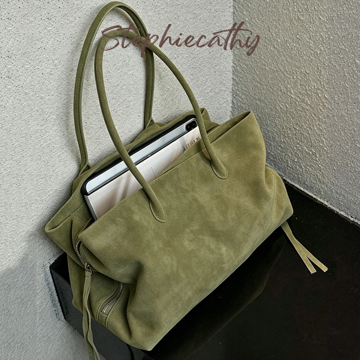 SC Women Simple Faux Suede Tote Bag Large Capacity Multi-layer Design Autumn Winter Commute Handbag Fashion Laptop Shoulder Bag