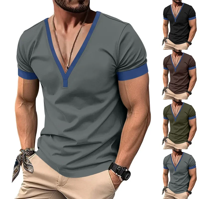 

American Spring and Summer Short Sleeve Henley Shirt Casual Men's V-neck T-shirt Top Cotton Casual Slim-fit T-shirt