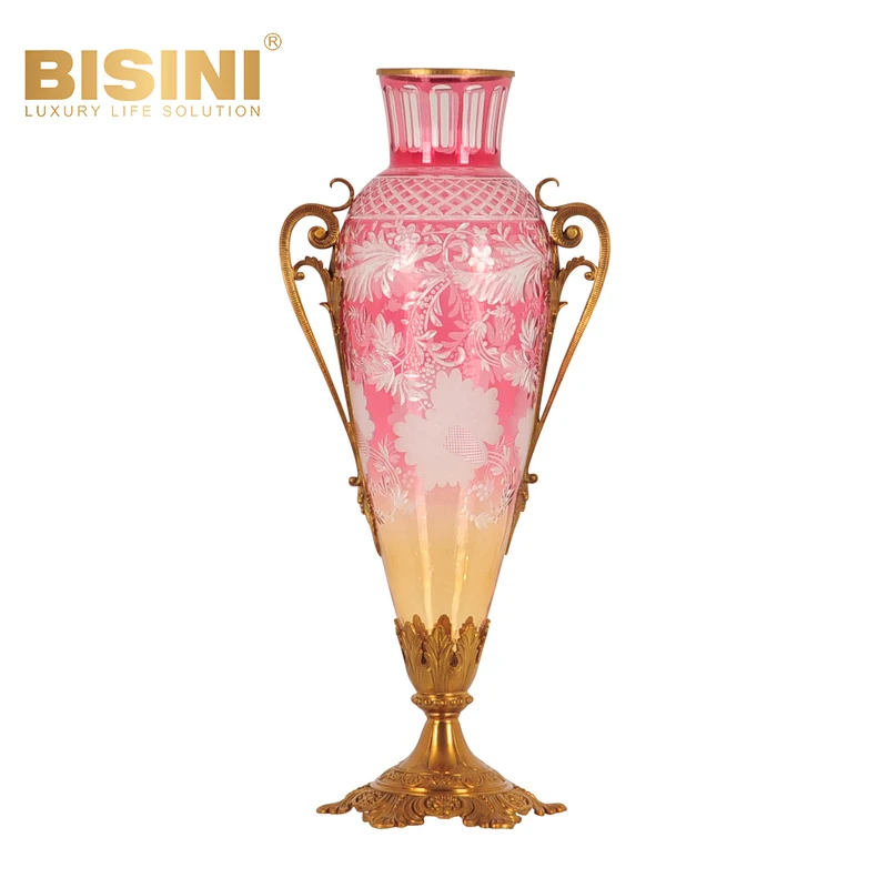 Exquisite Pink Glass Vase Faction Living Room Desktop Decoration Luxurious Villa Vase Decorative Copper Base Glass Vase