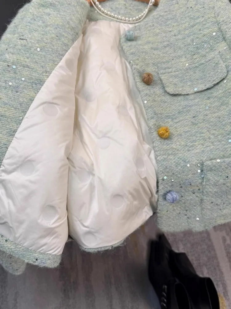 الحلو 2025 جديد إمرأة شتاء دافئ أسفل معطف س الرقبة واحدة الصدر الصوفية سترة قصيرة كم طويل مكتب سيدة ملابس خارجية غير رسمية #6