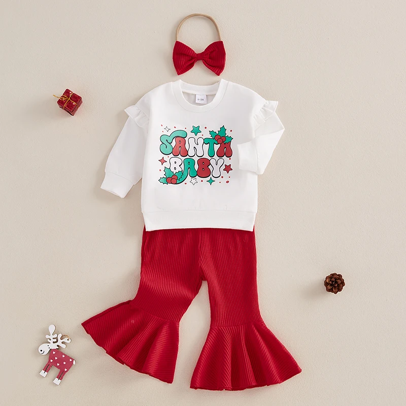 Tenues de Noël pour bébés filles de 1 à 4 ans, sweat-shirt à manches longues à volants, taille élastique, pantalon évasé, nœud, bande de sauna, 3 pièces